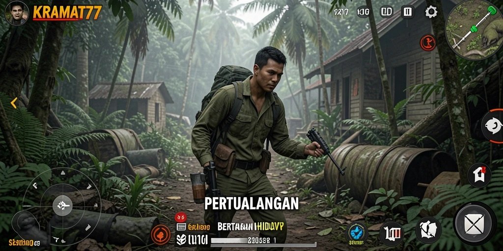 Antarmuka KRAMAT77 menampilkan estetika grafis yang menarik untuk game Bertahan Hidup.