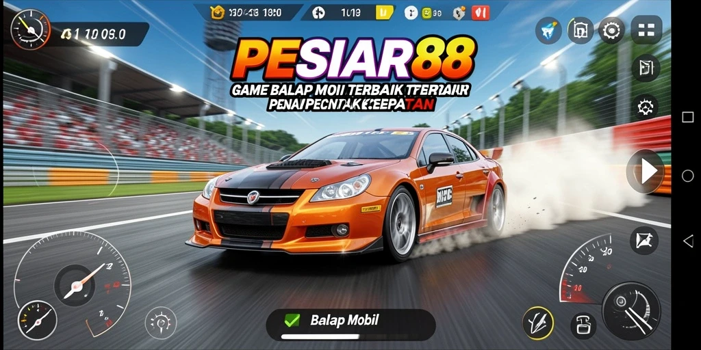 Antarmuka game Balap Mobil PESIAR88 yang menampilkan balapan seru.